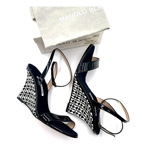 Manolo Blahnik Gorgeous Ribera Black Patent Leather Woven Wedge Anklet Sandles - Picture 1 of 12